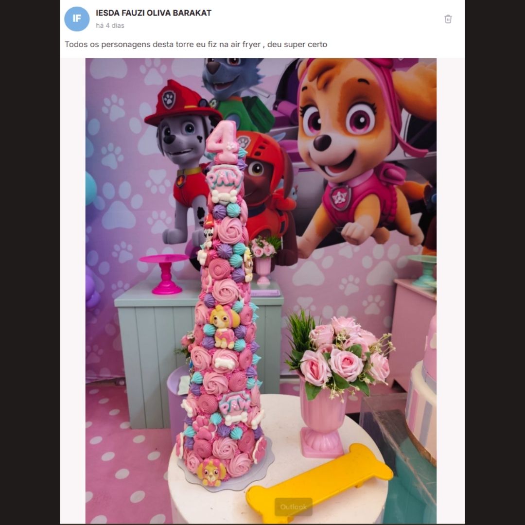 Post de aluna na comunidade mostrando torre de suspiros feita na air fryer
