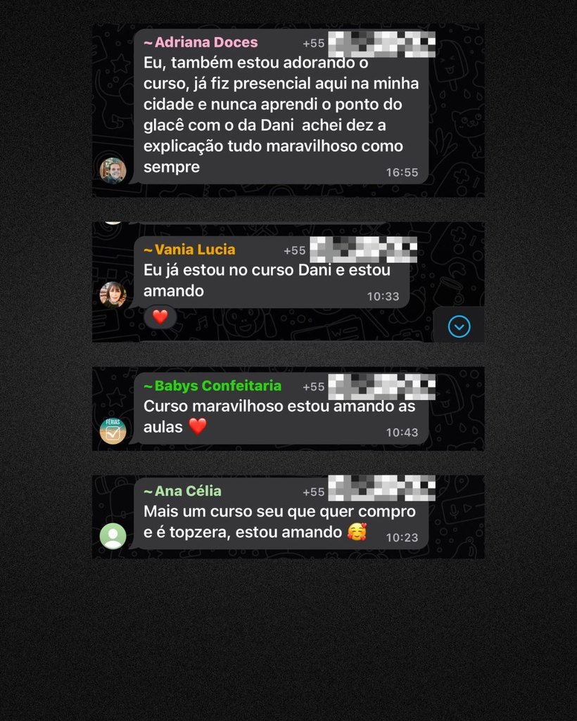Mensagens de alunas elogiando a explicação do ponto do glacê e as aulas
