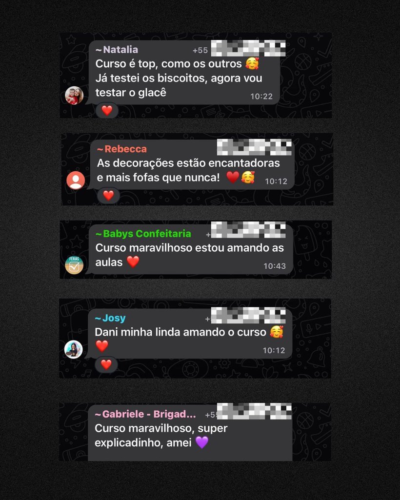 Mensagens de alunas comentando as decorações e a didática do curso